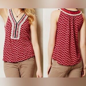 Akemi + Kin Anthropologie Linen Red & Pink Print Embroidered V-neck Tank Top S